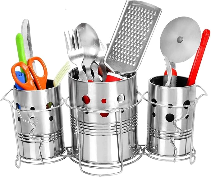 Self Draining Tableware Utensil Storage Box- Spoon,Knife,Fork,Chopstick,Steel Cutlery Holder/Organizer Stand For Kitchen Kitchen Utensil Organizer, 3 Compartments, Silver, Storage RacK