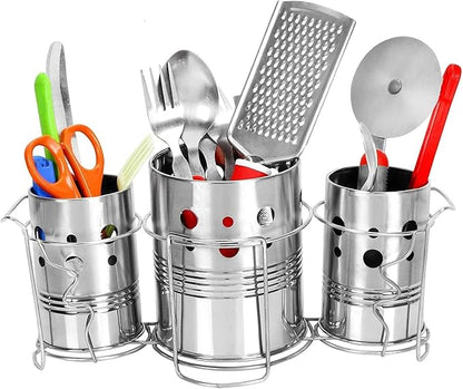 Self Draining Tableware Utensil Storage Box- Spoon,Knife,Fork,Chopstick,Steel Cutlery Holder/Organizer Stand For Kitchen Kitchen Utensil Organizer, 3 Compartments, Silver, Storage RacK