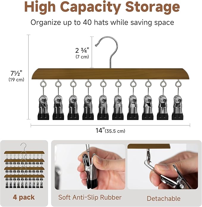 StorageWorks 4 Pack Hat Rack, Closet Organizer and Storage for Baseball Caps,Hat Hanger with 10 Adjustable Stainless Steel Clips, Fits All Caps, Natural Walnut Color