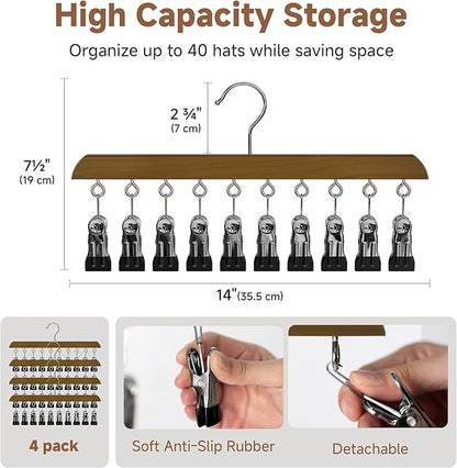 StorageWorks 4 Pack Hat Rack, Closet Organizer and Storage for Baseball Caps,Hat Hanger with 10 Adjustable Stainless Steel Clips, Fits All Caps, Natural Walnut Color