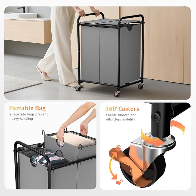 120L (31.7 Gal) Laundry Sorter 2 Section, Rolling Laundry Basket with Lockable Wheels and Lid, Laundry Hamper with 2 Separated Removable Bags Dirty Clothes Hamper for Laundry Room Organizer, Grey