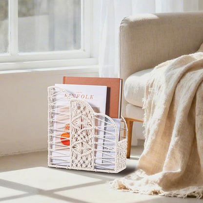 BROWNLILY Macrame Magazine Holder - Unique Handwoven Basket for Books & Home Decor, Exclusive Cotton Rope Weaving Art, Single Piece