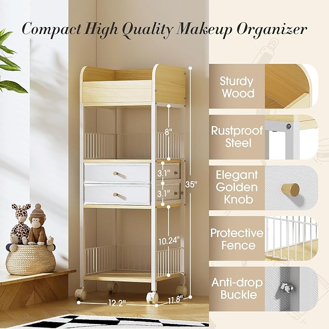 TidyStash Rolling Cart with Drawers 4-Tier Storage Cart with Large Drawers, Heavy-Duty Steel Frame and Wood Shelves Organizer for Makeup, Skincare Bathroom Kitchen Dorm Vanity Home Supplies