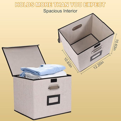 Large Square Storage Bin with Lid, Foldable Organizer Box with Handles & Label Design, for Office, Closet, Home, Documents, Grey, 12.20 x 10.63 x 10.63 Inches, 2 Pack
