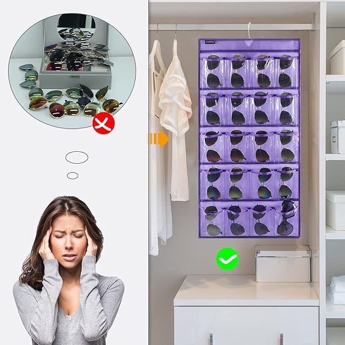 Dual Sided Hanging Sunglasses Organizer Storage Wall Mounted Eyeglasses Holder Eyewear Display Case with 40 Clear Slots (40 Pockets-Purple)