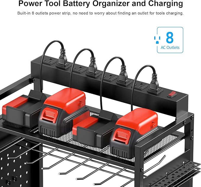 CCCEI Garage Power Tools Organizer Cart with Charging Station, Black Floor Standing Rolling Drill and Tools Battery Storage Cart on Wheels. Black Utility Rack Gift for Men, Husband, Father.