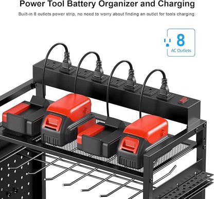 CCCEI Garage Power Tools Organizer Cart with Charging Station, Black Floor Standing Rolling Drill and Tools Battery Storage Cart on Wheels. Black Utility Rack Gift for Men, Husband, Father.