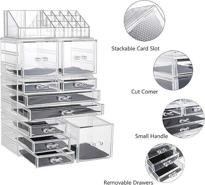 Sooyee Makeup Organizer,Make Up Organizer Stands,Acrylic Makeup Storage 10 Makeup Drawer Organizer for Bathroom, Dresser, Vanity Accessories or Countertop,Clear,4 Pieces Stackable
