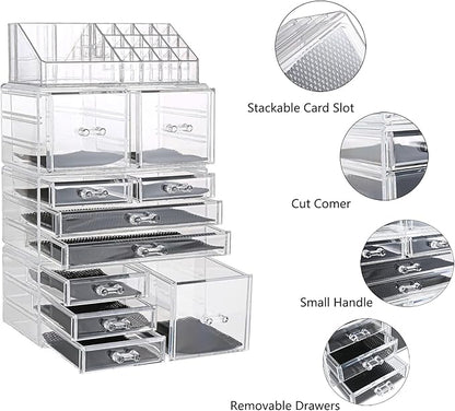 Sooyee Makeup Organizer,Make Up Organizer Stands,Acrylic Makeup Storage 10 Makeup Drawer Organizer for Bathroom, Dresser, Vanity Accessories or Countertop,Clear,4 Pieces Stackable