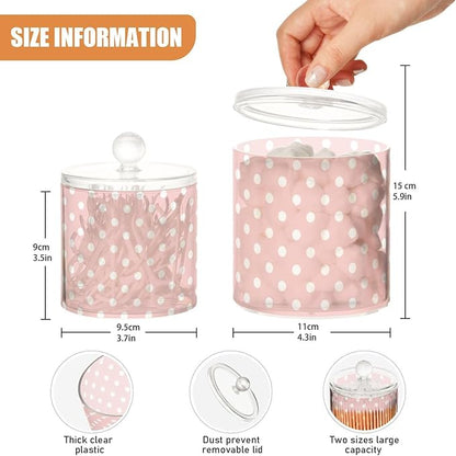 2 Pack Qtip Dispenser Apothecary Jars with Lids Cotton Round Holder Bathroom Canisters for Cotton Swab Floss Ball Pads Clear Plastic Decorative Pink Polka Dots