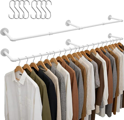 Aduanbang 65.7in Industrial Pipe Wall Mounted Clothes Rack, Heavy Duty Detachable Iron Garment Bar, Rustic Space-Saving Hanging Rod for Bedroom, Closet – White,4 hooks