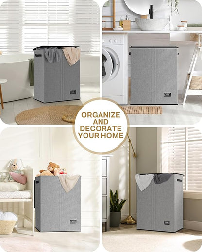 SOLEDI Double Laundry Hamper with Lid, 130L Clothes Hamper 2 Section, Laundry Basket with Removable bag, Bed room decor aesthetic, laundry room organization, Home and dorm room essentials