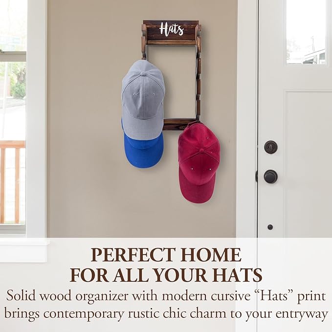 MyGift Wooden Hat Rack Wall Mount, Baseball Cap Organizer Display Holder, Hat Storage Shelf with White Cursive Hats Label,10 Hanging Hooks, Rustic Burnt Solid Wood