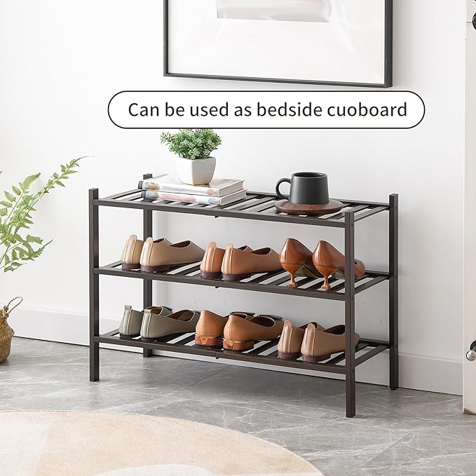 Shoe Rack, 3-Tier Bamboo Stackable Shoe Shelf Storage Organizer, Shoe Stand for Closet, Entryway and Hallway