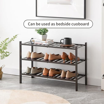 Shoe Rack, 3-Tier Bamboo Stackable Shoe Shelf Storage Organizer, Shoe Stand for Closet, Entryway and Hallway