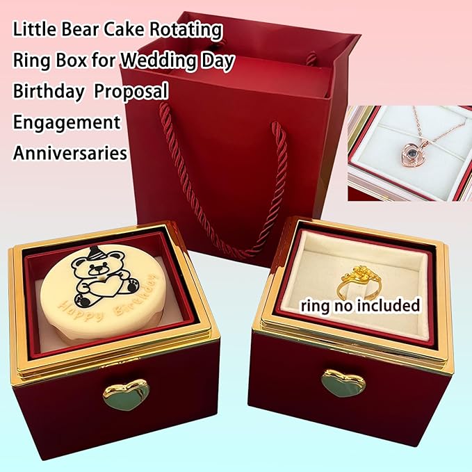 Little Bear Cake Rotating JewelryBox for Proposal - Rotating Ring Box Engagement Ring Box, Surprise Box Ring Bearer Box, necklace box for Birthday,Necklace Holder with Fabric Interior (red)