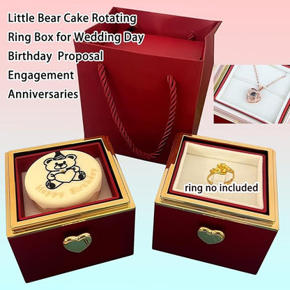 Little Bear Cake Rotating JewelryBox for Proposal - Rotating Ring Box Engagement Ring Box, Surprise Box Ring Bearer Box, necklace box for Birthday,Necklace Holder with Fabric Interior (red)