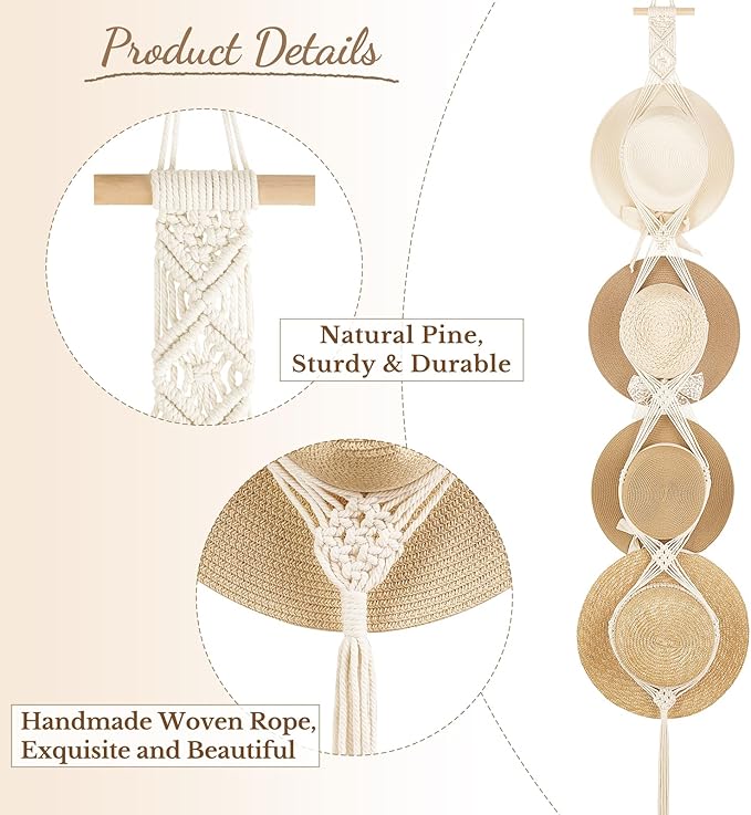 Dahey Macrame Hat Hangers Hat Rack for Wall Cowboy Hat Organizer Hanging Display Hand Weaving Bobo Hat Holder Western Decor for Wide Brim Hats Bowler Fedora Hats, 4 Hat Style