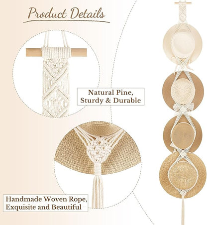 Dahey Macrame Hat Hangers Hat Rack for Wall Cowboy Hat Organizer Hanging Display Hand Weaving Bobo Hat Holder Western Decor for Wide Brim Hats Bowler Fedora Hats, 4 Hat Style