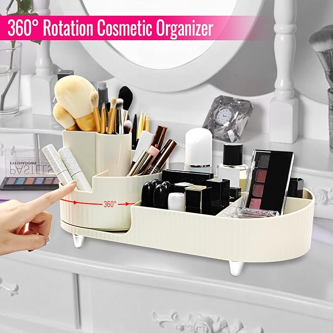 360 Rotating Spinning Makeup Organizer - Cosmetic Skincare Organizer with Brush Holder - Countertop Display Case
