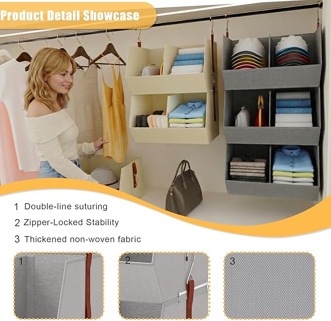3-Tier Hanging Closet Organizer, Extra Large Fabric Closet Shelves with Zipper, Foldable Closet Storage Organizer for Clothes, Handbags, Socks, Underwear, Dorm Room and RV, Grey - 2 Pack