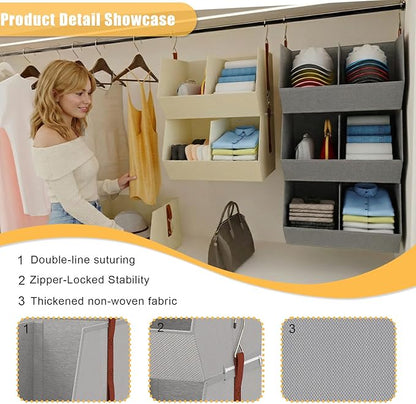 3-Tier Hanging Closet Organizer, Extra Large Fabric Closet Shelves with Zipper, Foldable Closet Storage Organizer for Clothes, Handbags, Socks, Underwear, Dorm Room and RV, Grey - 2 Pack