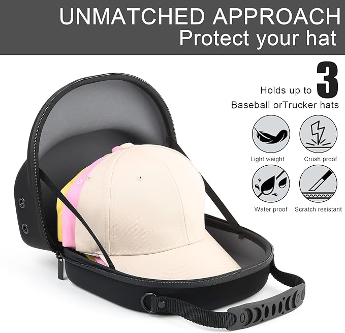 GERMUN Hard baseball hat case, Hat Carrier Travel Case with Adjustable Shoulder Strap, Hat cap case for 3 Baseball Caps - Perfect for Traveling & At-Home Storage (Black with Grey)
