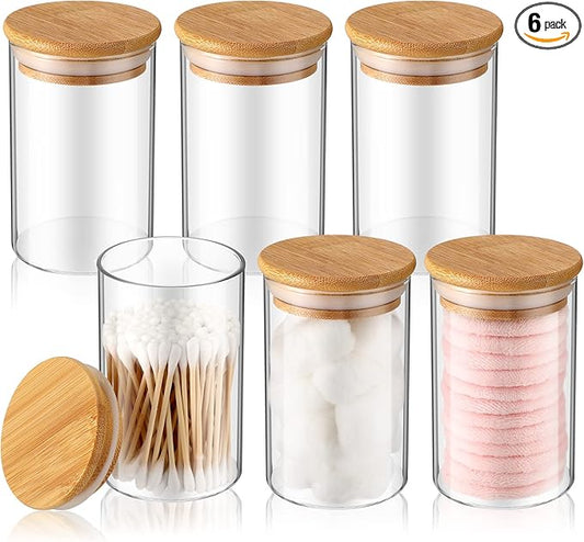 6 Pack Glass Apothecary Jars with Lids Bamboo Bathroom Accessories Cotton Balls Pads Swabs Holder Jar Bathroom Canisters for Vanity Accessories Storage