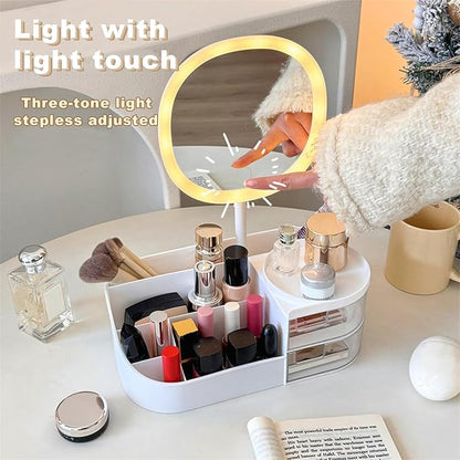 DASITON Makeup Organizer with Rechargeable Mirror,Makeup Brush Holder with 2 Drawers,Skincare and Cosmetics Organizer Countertop,Large Capacity Cosmetic Display Case for Vanity,Bedroom,Bathroom(White)
