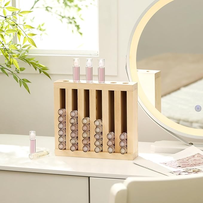 Wonderjune 1 Pcs 6 Slot Wooden Lipsticks Holder 0.7 Inch Lip Balm Tube Holder Lip Gloss Organizer Display Wood Lipsticks Tube Tower Organizer for Market Craft Booth Room Display (Wood Color)