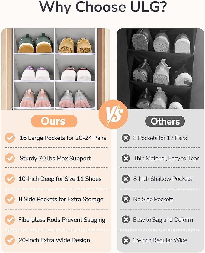 ULG Over The Door Shoe Organizer with 16 Large Pockets, Hanging Shoe Rack for Closet Door, Space Saving Shoe Storage for Boots, Heels & Sneakers,Grey