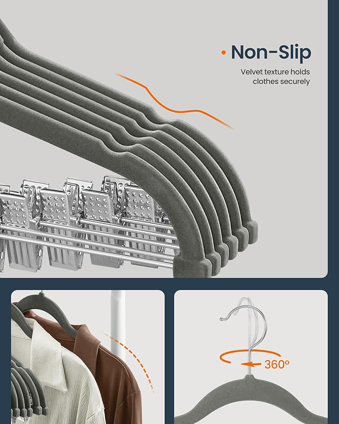 SONGMICS HOME Velvet Pants Hangers with Adjustable Clips, Non-Slip Space-Saving Clothes Hangers, 30 Pack, Shoulder Notches for Skirts, Gray