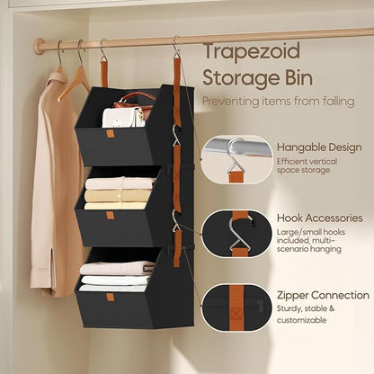 Homsorout Collapsible Hanging Closet Organizer - 6 Tier Closet Shelves Storage System with Hooks, Fabric Hanging Storage Bins for Clothes, Foldable Storage Basket for Laundry, Bedroom, Rv, Black