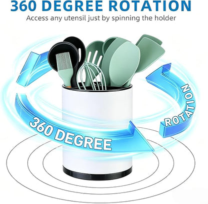 LIBODOUR Kitchen Utensil Holder Extra Large Rotating For Counter Organizer Stainless Steel Storage Cooking Silverware Caddy 3 Compartment Flatware Spoon Spatula Tool Cutlery Container(2 Set White)