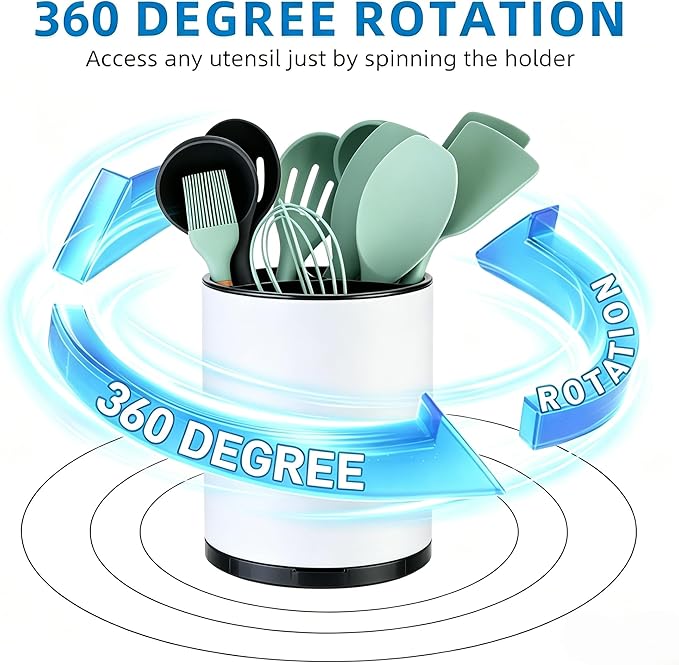LIBODOUR Kitchen Utensil Holder Extra Large 360°Rotating For Counter Organizer Stainless Steel Storage Cooking Silverware Caddy 3 Compartment Flatware Spoon Spatula Tool Cutlery Container（White）