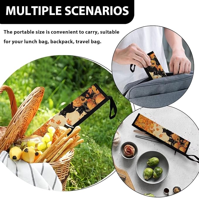 COEQINE Fall Portable Travel Utensil Case Lightweight Cute Black Cats Pumpkin Tanksgiving Themes Portable Travel Knife Fork Spoon Organizer Holder for Picnic Outdoor