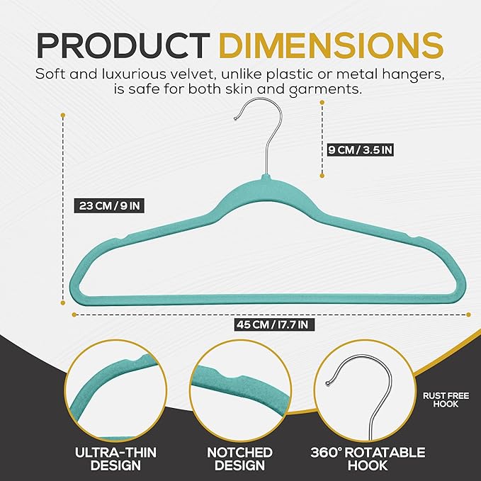 Techzoo 50 Pack New Premium Quality Velvet Hangers Ultra Thin Non Slip Adult Felt Space Saving Hangers for Closet Heavy Duty Coat Pants Dress Hangers 360° Swivel Hook Hold Upto 10 lbs Teal