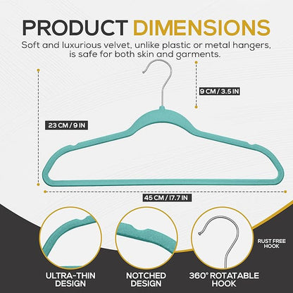Techzoo 50 Pack New Premium Quality Velvet Hangers Ultra Thin Non Slip Adult Felt Space Saving Hangers for Closet Heavy Duty Coat Pants Dress Hangers 360° Swivel Hook Hold Upto 10 lbs Teal