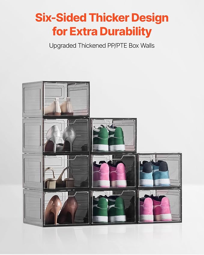 VEVOR Shoe Storage Boxes, 9 Pack Clear Stackable Shoe Boxes Storage Organizers with Magnetic Door, Fit up to US Size 13, Plastic Sneaker Containers for High Heels, Boots, and Hats, Transparent Black