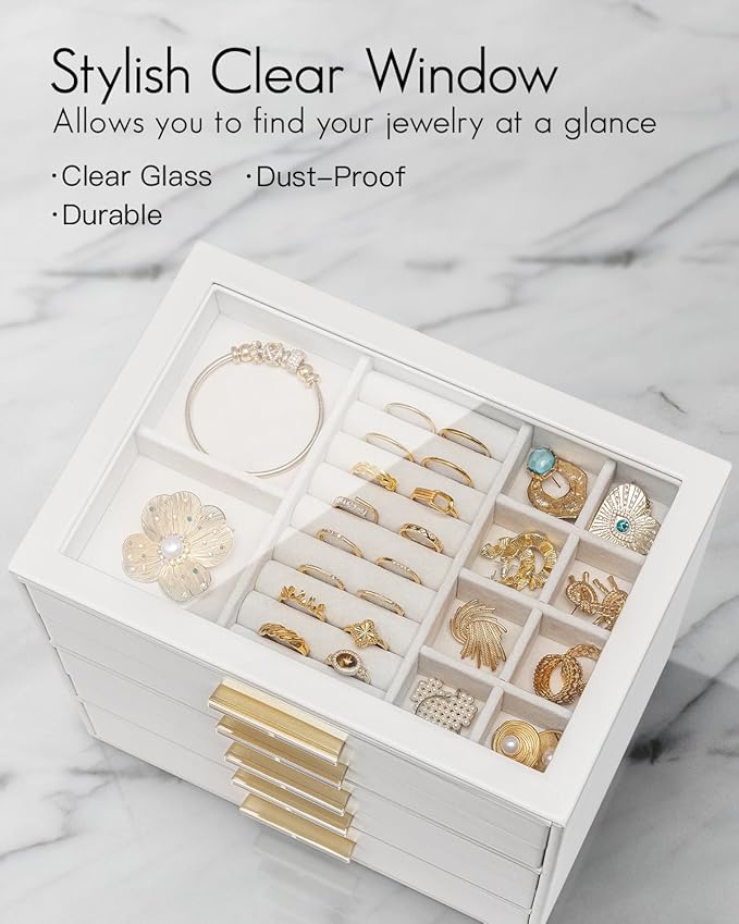 VLANDO 5 Layer Jewelry Box for Women, Glass Lid Jewelry Organizer with 5 Drawers for Necklaces Rings Earrings Bracelets - White