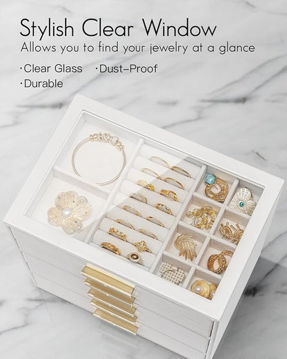 VLANDO 5 Layer Jewelry Box for Women, Glass Lid Jewelry Organizer with 5 Drawers for Necklaces Rings Earrings Bracelets - White