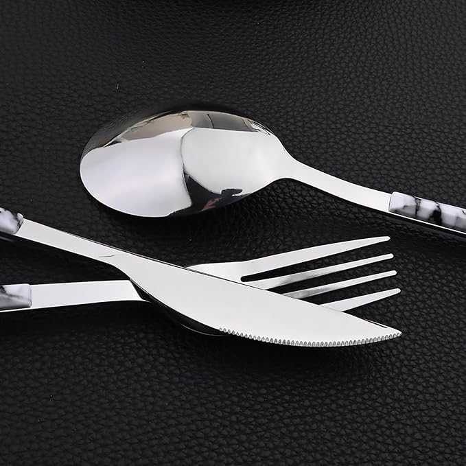 24piece Silverware Set with Hanging Holder, Stainless Steel Tableware Set With Cutlery Storage Rack, Decent Gift Box For Housewarming, Party, Dining - White Silver, set of 6