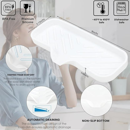 Silicone Bathroom Soap Dishes, Sponge Holder for Kitchen Sink, Shower Soap Holder with Drain, Soap Dispenser Tray, Soap Dish for Bottle, Cup, Sink or Counter Organizer - White 9" x 3.15"