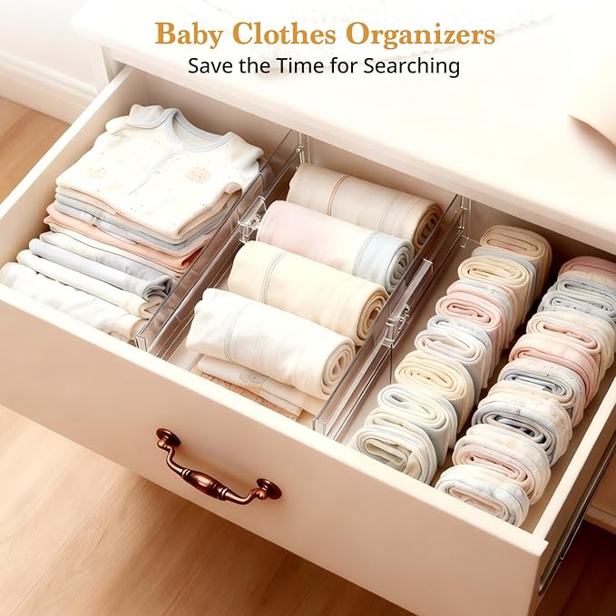 8 Pack Clear Drawer Dividers for Clothes, 4" High 10.6"–16.9" Adjustable Expandable Dresser Drawer Organizer, Dresser Separators for Baby Clothing, Underwear, Sock, Cosmetic, Kitchen, Office Storage