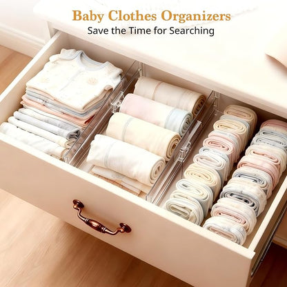 8 Pack Clear Drawer Dividers for Clothes, 4" High 10.6"–16.9" Adjustable Expandable Dresser Drawer Organizer, Dresser Separators for Baby Clothing, Underwear, Sock, Cosmetic, Kitchen, Office Storage