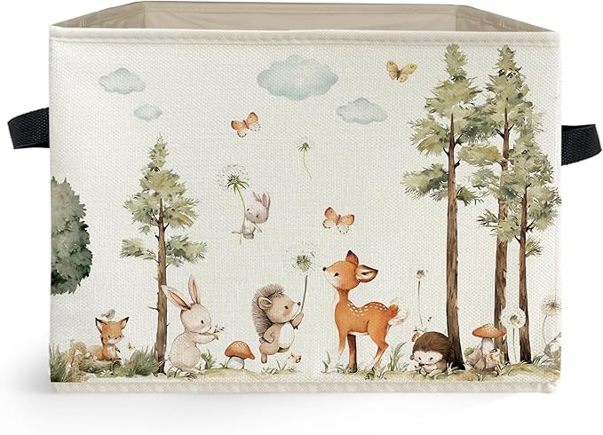 Forest Animal Nursery Storage Box Bins, Watercolor Tree Deer Fox Bunny Animal Collapsible Storage Basket Organizer for Kids Room Laundry Room Clothes Books, Decor for Room