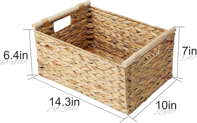 Large Rectangular Wicker Basket With Built-in Wooden Handles, Water Hyacinth Woven Basket for Organizing, Utility Shelves, Towel Storage Basket