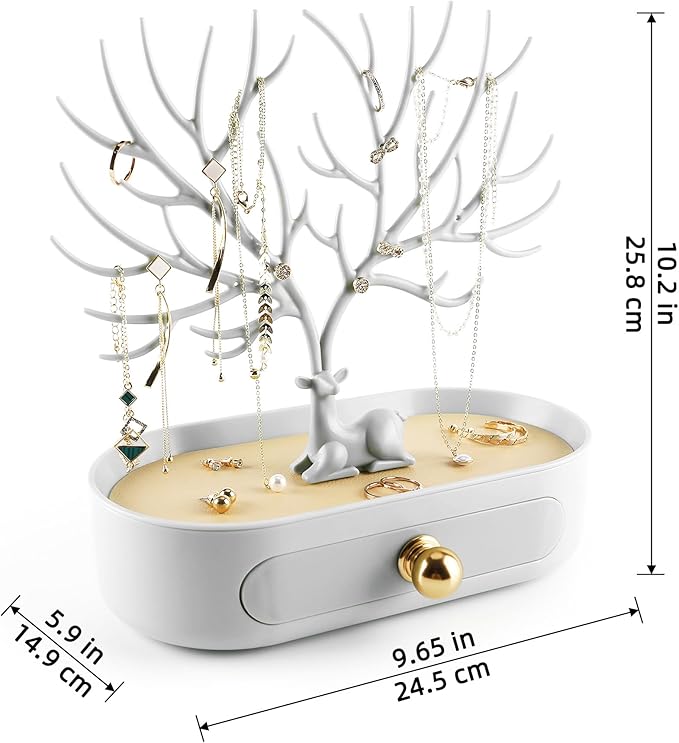 MORE&LESS Antlers Jewelry Display Stand with Aluminium alloy handle, Tree Tower Rack Hanging Organizer for Ring Earrings Necklace Bracelet, Deer Horn Tree Stand with Storage Drawer and Tray