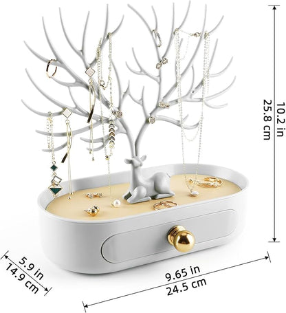 MORE&LESS Antlers Jewelry Display Stand with Aluminium alloy handle, Tree Tower Rack Hanging Organizer for Ring Earrings Necklace Bracelet, Deer Horn Tree Stand with Storage Drawer and Tray