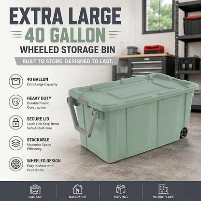 Extra Large 40 Gallon Wheeled Industrial Storage Bins, Heavy Duty Plastic Stackable Totes with Latch Lids and Pull Handle for Garage, Basement, and Moving, Green, 2 Pack